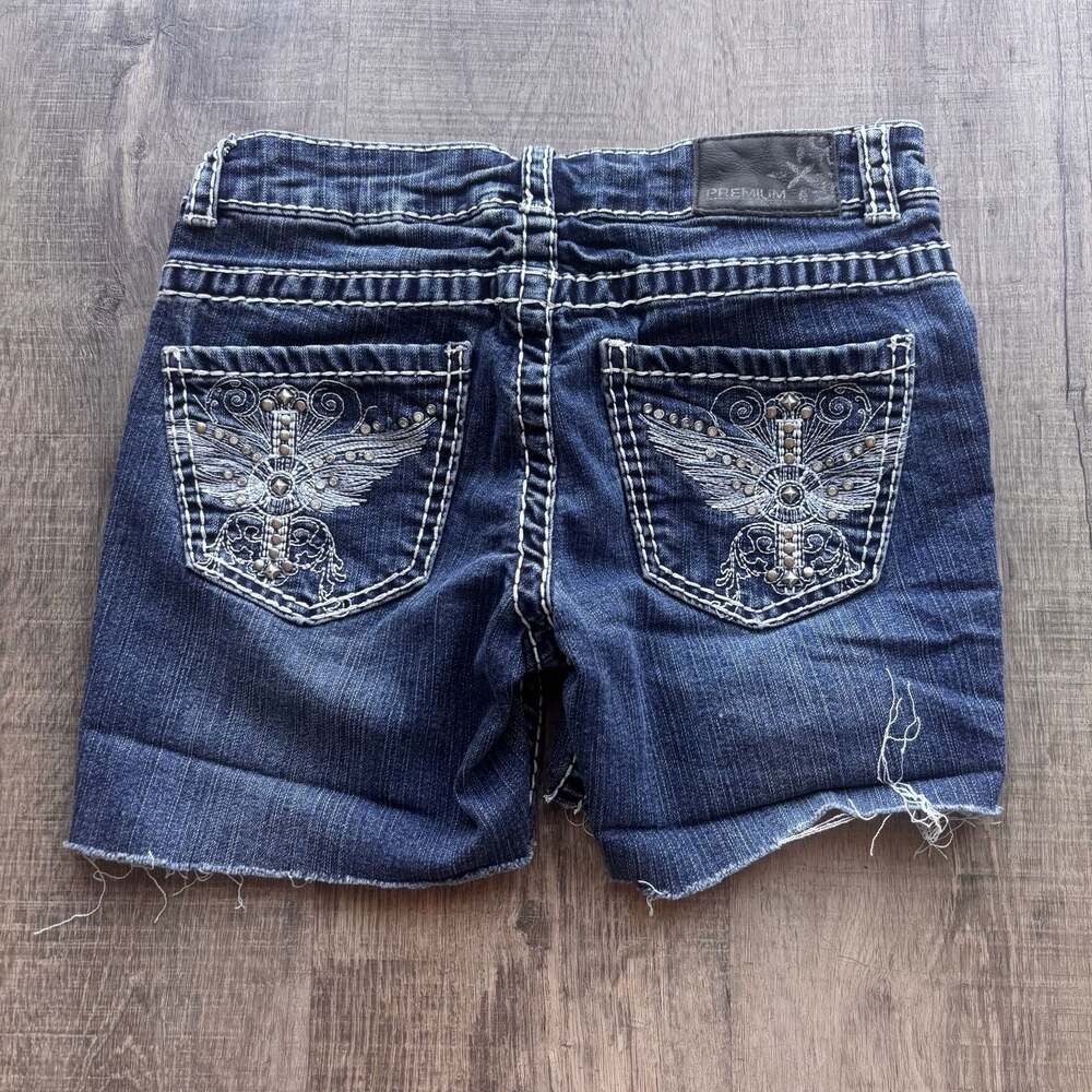 Warehouse One Denim Frayed Shorts with Rhinestone Cross Wing Pockets Size 2